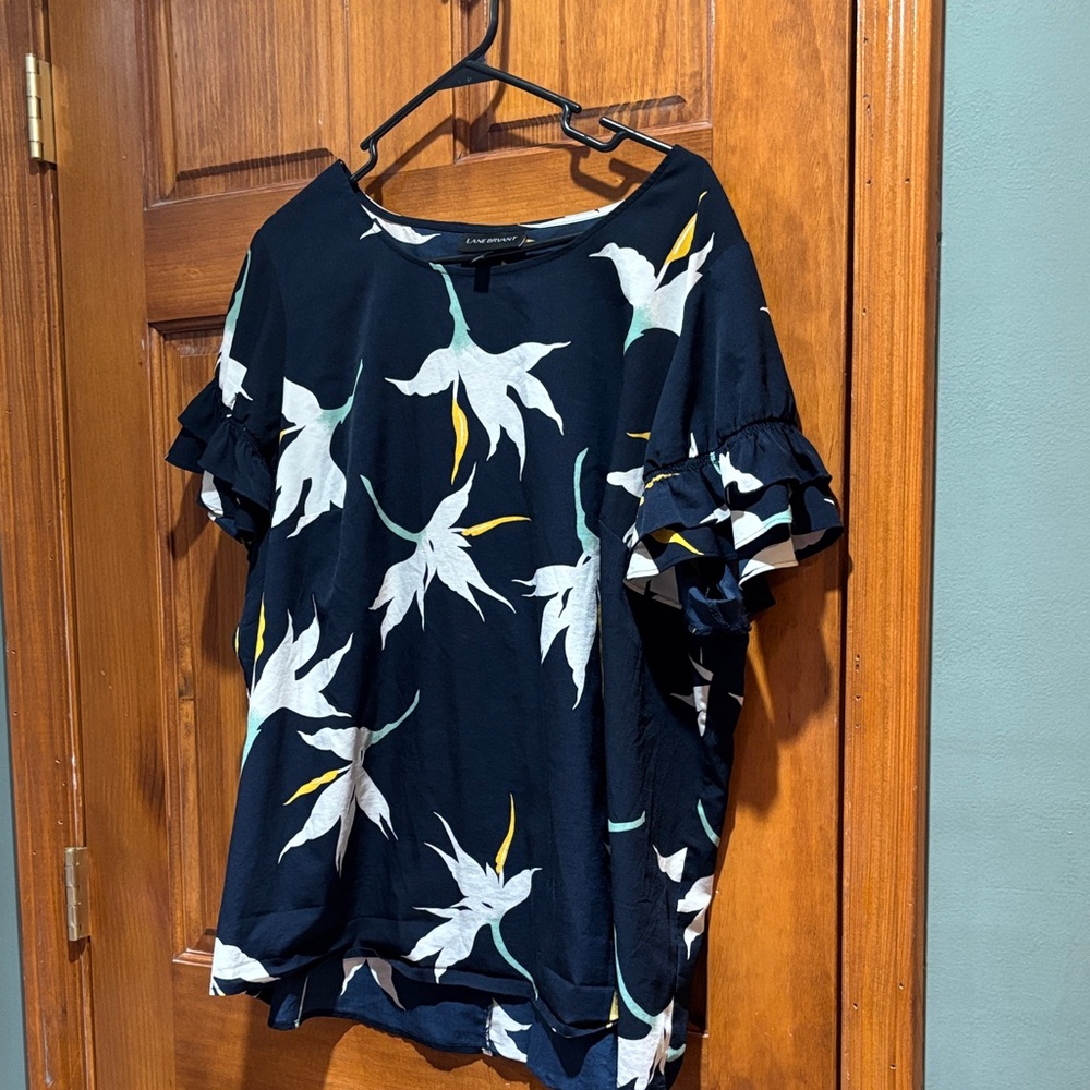 Lane Bryant Black Floral Ruffle Sleeve Blouse